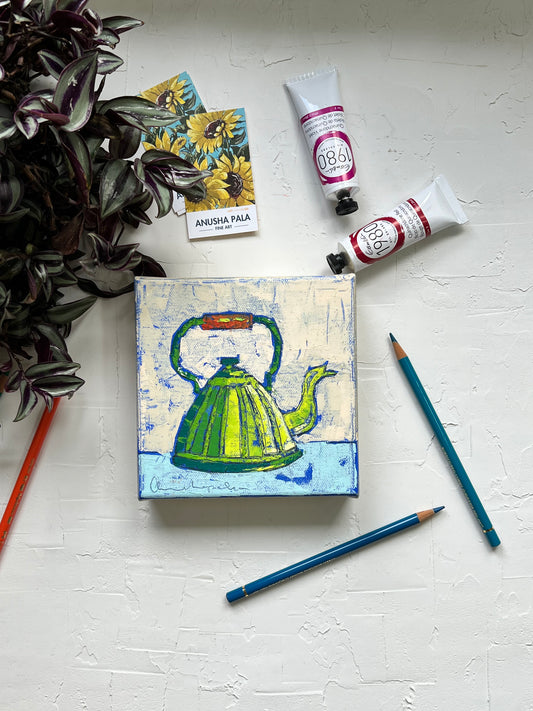 Lime green kettle - 6"x6"